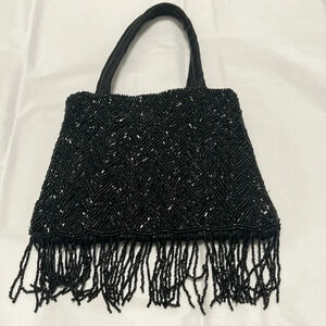 Vintage Hand Beaded Black Evening Purse with shoulder strap. This is a gem!!